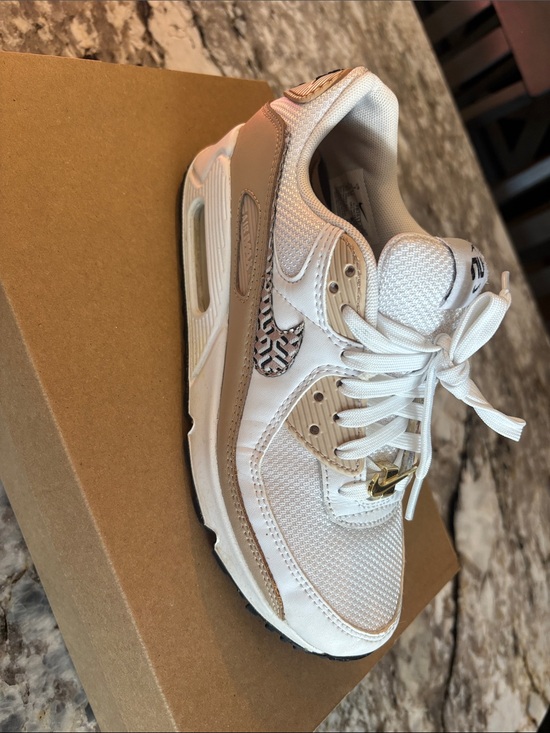 Nike Shoes - Nike Women's White and Tan Sneakers with Patterned Swoosh